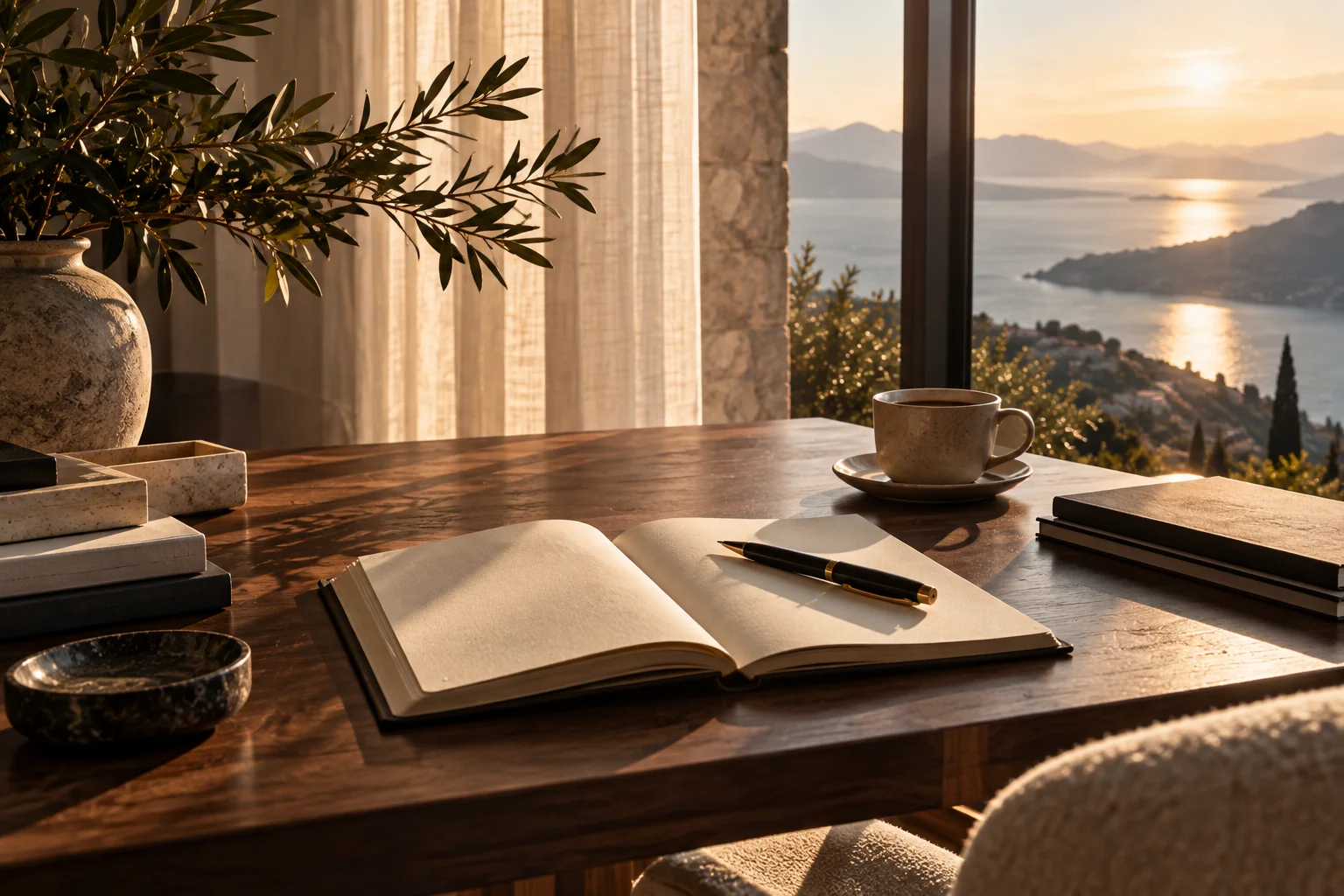 Open journal beside a bright coastal window